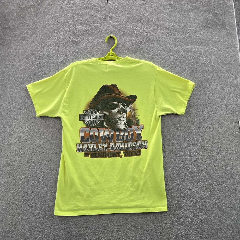 Harley-Davidson Men Shirt M Neon Yellow Beaumont Texas Skull Logo Short Sleeve
